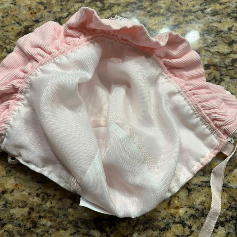 Vintage Mothercare Baby Bonnet Pink Corduroy Lace Ruffle Pom Pom Ribbon Tie Hat